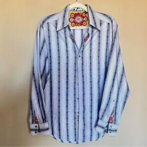 Robert Graham Flip Cuff Blue Striped Geometric Button-Down Shirt 100% Cotton